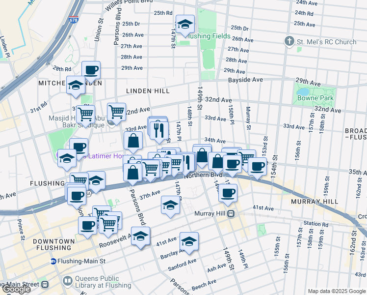 map of restaurants, bars, coffee shops, grocery stores, and more near 147-02 34th Avenue in Queens