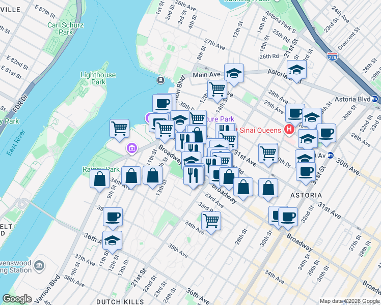map of restaurants, bars, coffee shops, grocery stores, and more near 31-50 14th Street in Queens