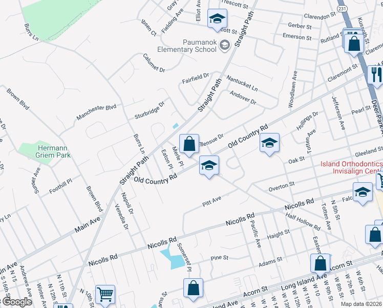 map of restaurants, bars, coffee shops, grocery stores, and more near 507 Half Hollow Road in Deer Park