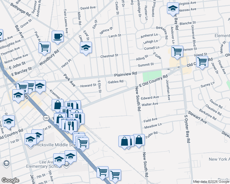 map of restaurants, bars, coffee shops, grocery stores, and more near 28 Gables Drive in Hicksville
