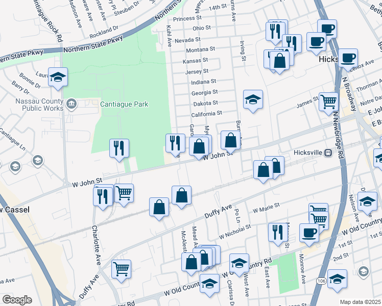 map of restaurants, bars, coffee shops, grocery stores, and more near 382 West John Street in Hicksville