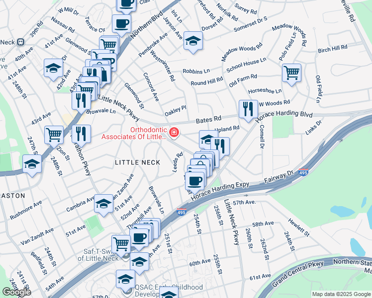 map of restaurants, bars, coffee shops, grocery stores, and more near 52-50 Little Neck Parkway in Queens