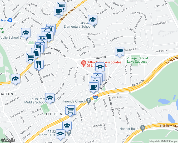 map of restaurants, bars, coffee shops, grocery stores, and more near 52-50 Little Neck Parkway in Queens