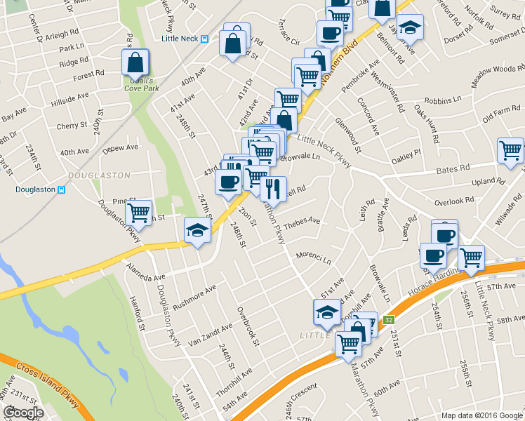 map of restaurants, bars, coffee shops, grocery stores, and more near 46-04 Marathon Parkway in Queens