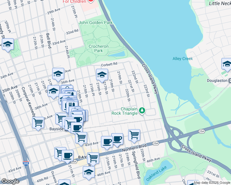 map of restaurants, bars, coffee shops, grocery stores, and more near 38-26A 218th Street in Queens