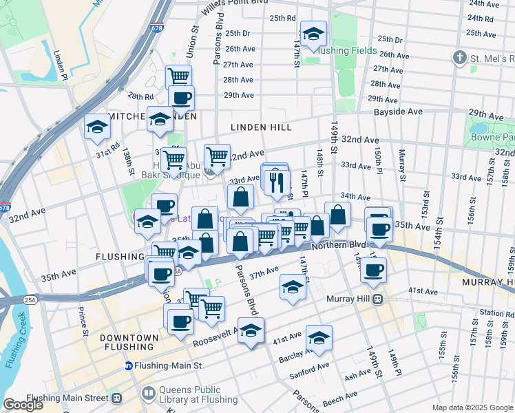 map of restaurants, bars, coffee shops, grocery stores, and more near 145-6A 34th Avenue in Queens