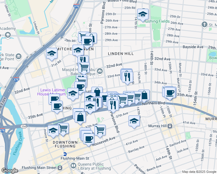 map of restaurants, bars, coffee shops, grocery stores, and more near Parsons Boulevard in Queens