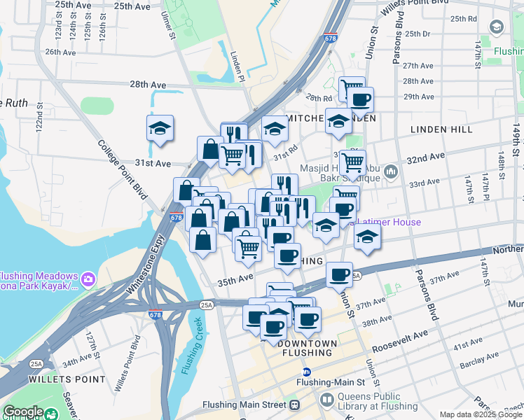 map of restaurants, bars, coffee shops, grocery stores, and more near in Queens