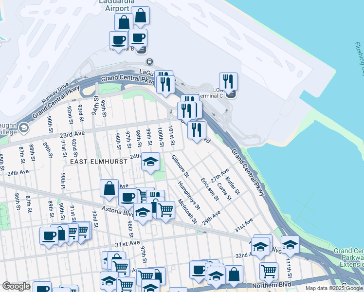 map of restaurants, bars, coffee shops, grocery stores, and more near 23-65 101st Street in Queens