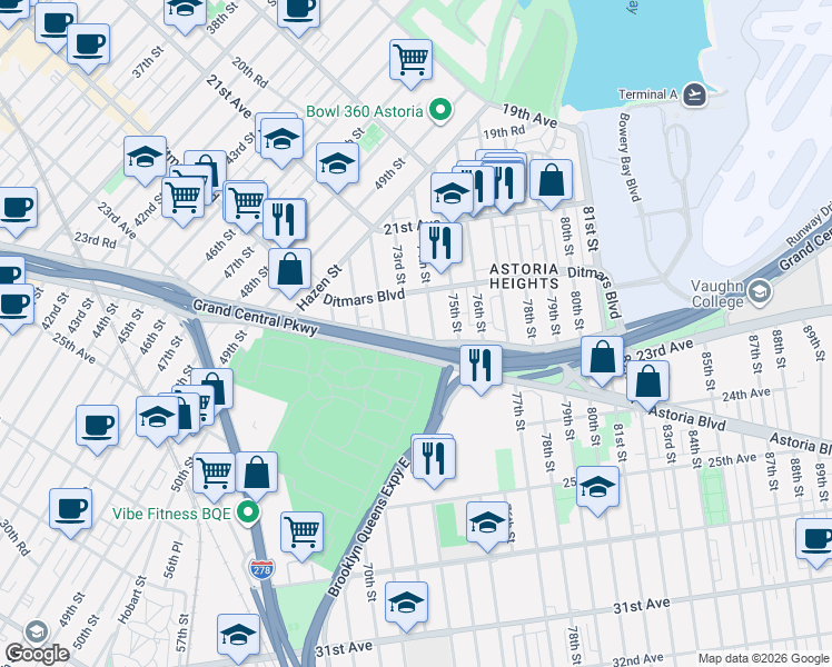 map of restaurants, bars, coffee shops, grocery stores, and more near 22-41 73rd Street in Queens