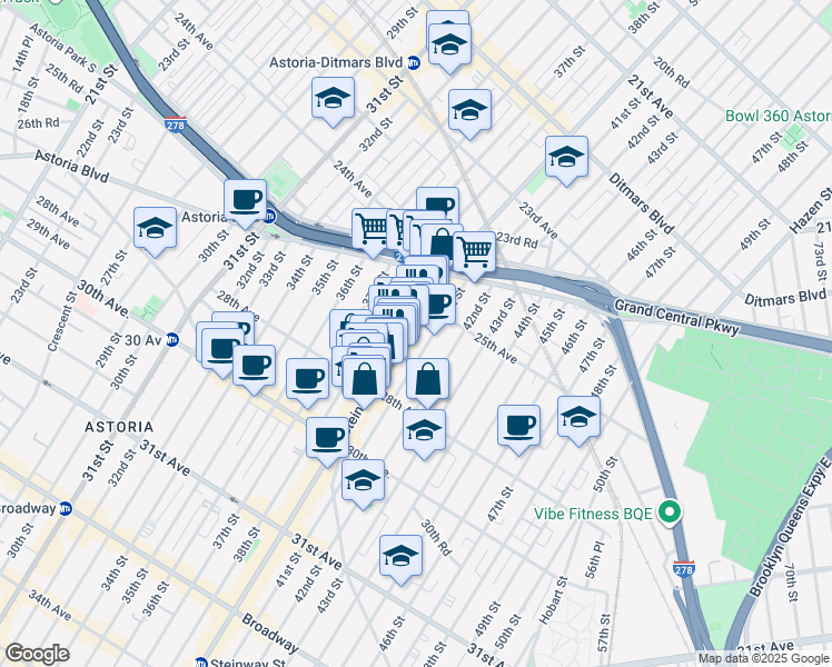 map of restaurants, bars, coffee shops, grocery stores, and more near 81 Steinway Street in Queens