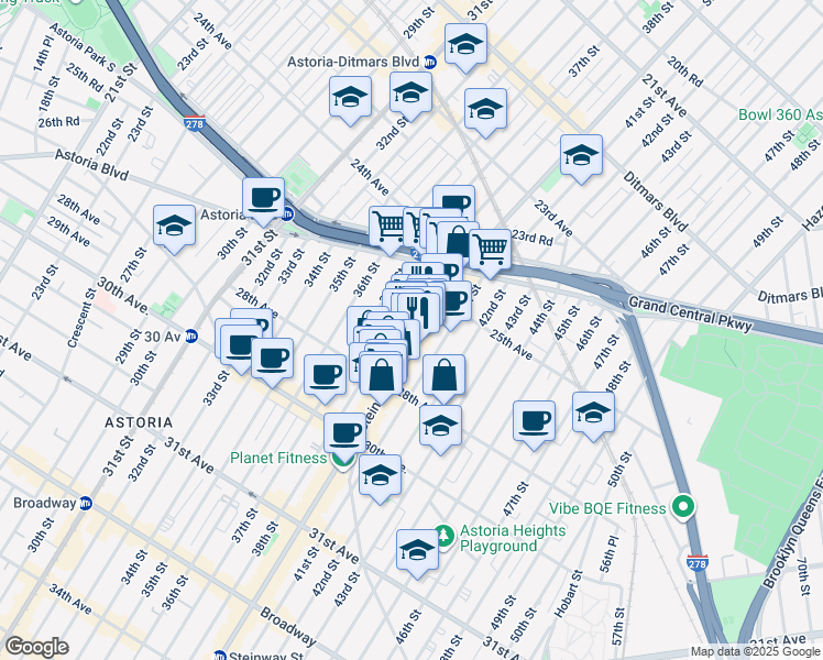 map of restaurants, bars, coffee shops, grocery stores, and more near 81 Steinway Street in Queens