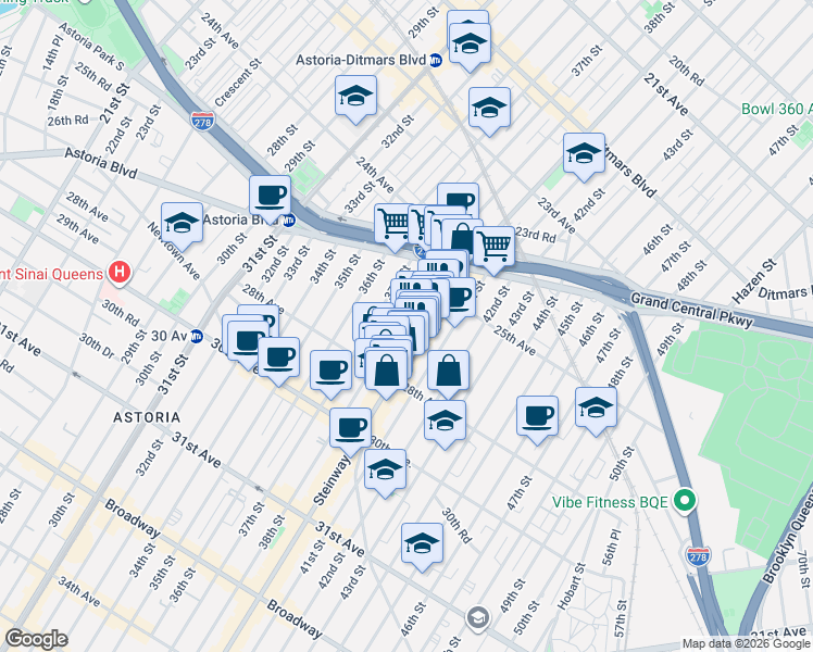 map of restaurants, bars, coffee shops, grocery stores, and more near 81 Steinway Street in Queens