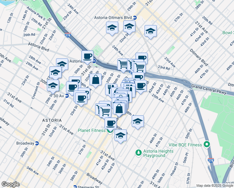 map of restaurants, bars, coffee shops, grocery stores, and more near 25-72 Steinway Street in Queens