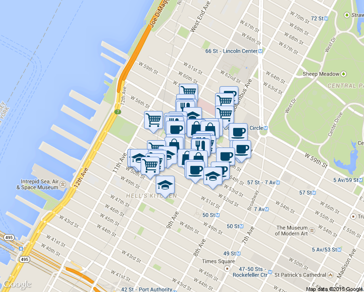 map of restaurants, bars, coffee shops, grocery stores, and more near 443 West 54th Street in New York
