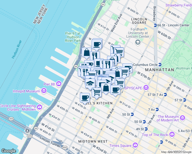 map of restaurants, bars, coffee shops, grocery stores, and more near 528 West 53rd Street in New York