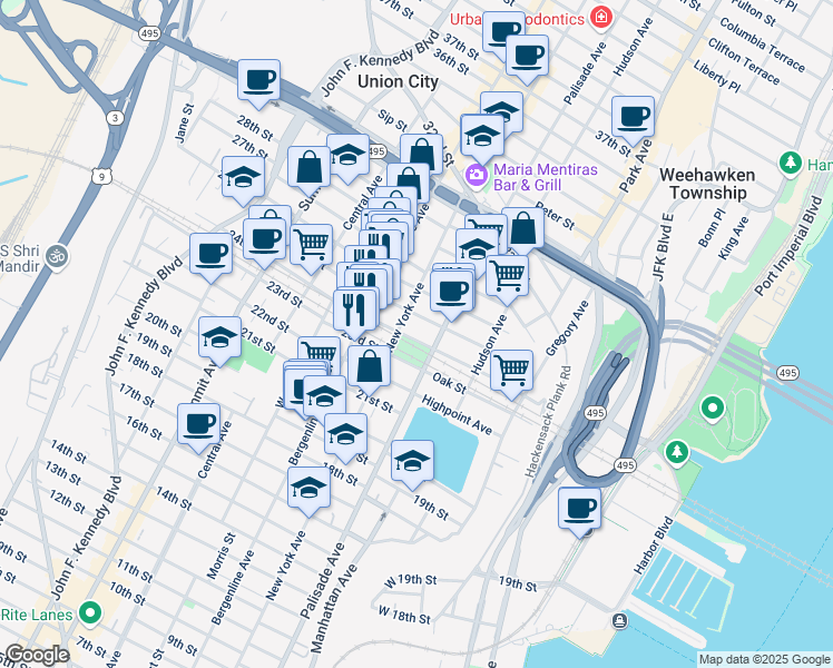 map of restaurants, bars, coffee shops, grocery stores, and more near 324 24th Street in Union City