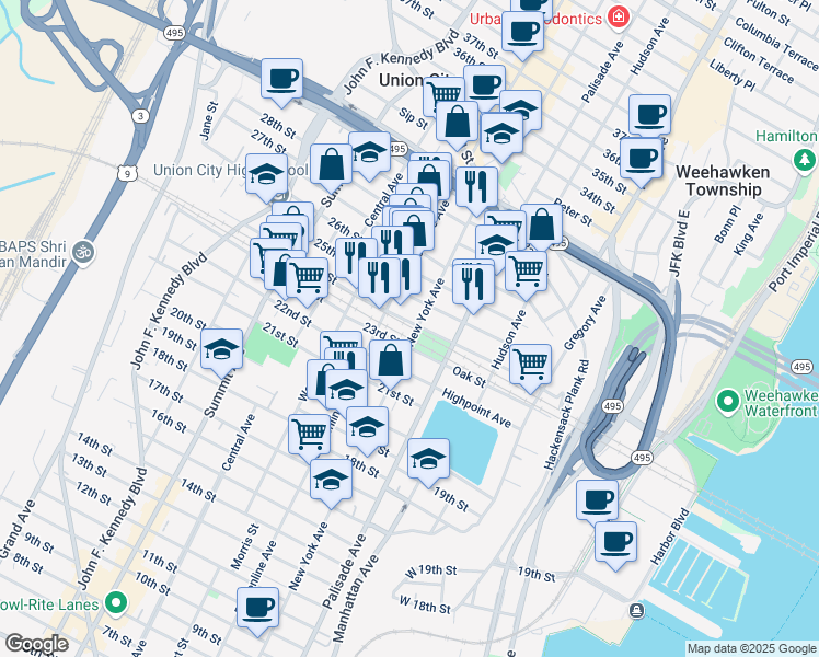 map of restaurants, bars, coffee shops, grocery stores, and more near 324 24th Street in Union City