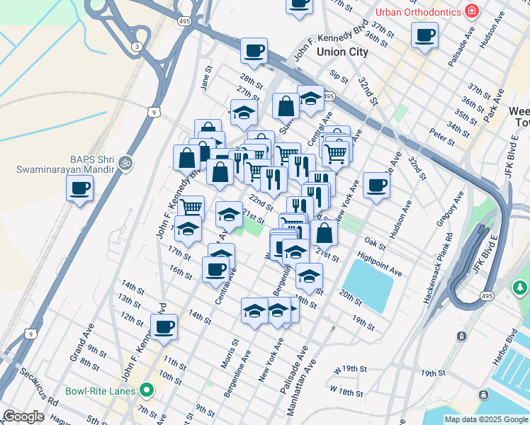 map of restaurants, bars, coffee shops, grocery stores, and more near 619 22nd Street in Union City
