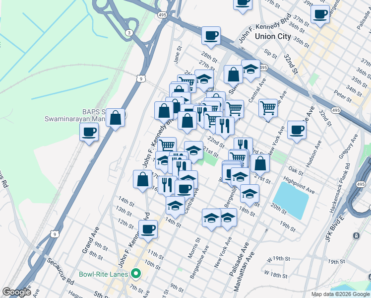 map of restaurants, bars, coffee shops, grocery stores, and more near 808 20th Street in Union City