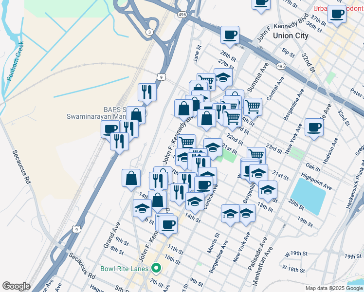 map of restaurants, bars, coffee shops, grocery stores, and more near 1814 John F. Kennedy Boulevard in Union City