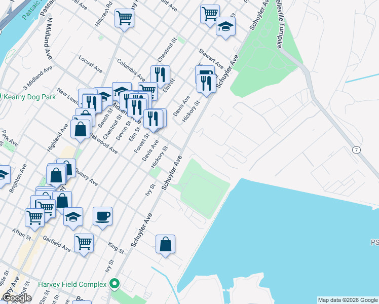 map of restaurants, bars, coffee shops, grocery stores, and more near 10 East Midland Avenue in Kearny