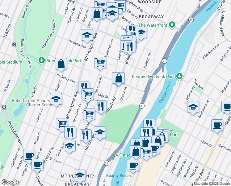 map of restaurants, bars, coffee shops, grocery stores, and more near 478 Broadway in Newark