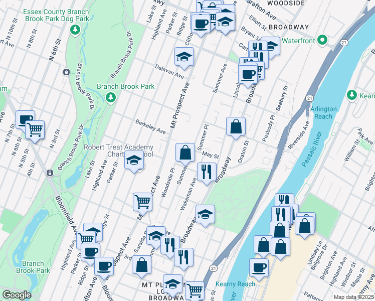 map of restaurants, bars, coffee shops, grocery stores, and more near 429 Summer Avenue in Newark