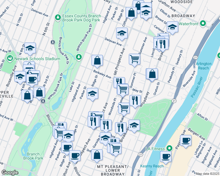 map of restaurants, bars, coffee shops, grocery stores, and more near 444 Mount Prospect Avenue in Newark