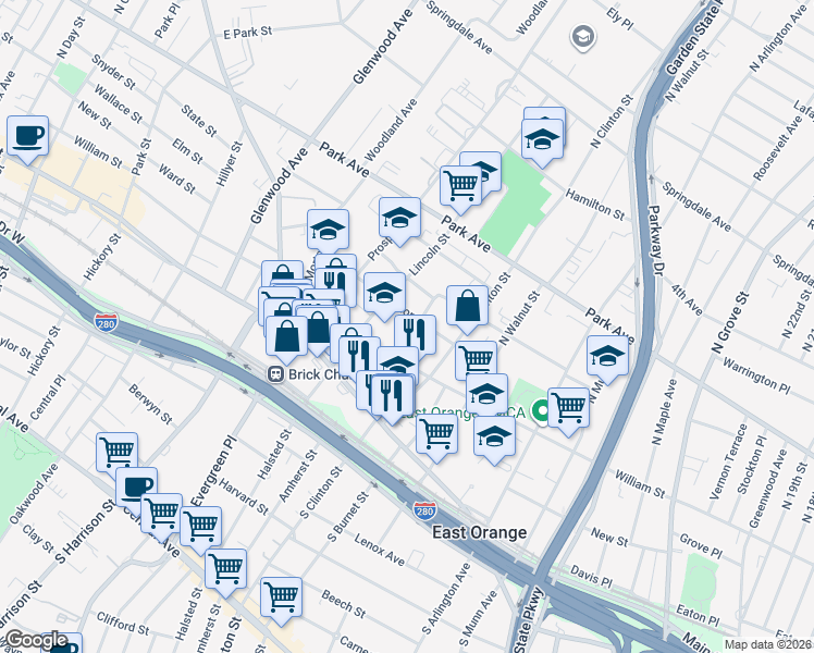 map of restaurants, bars, coffee shops, grocery stores, and more near 69 Ashland Avenue in East Orange