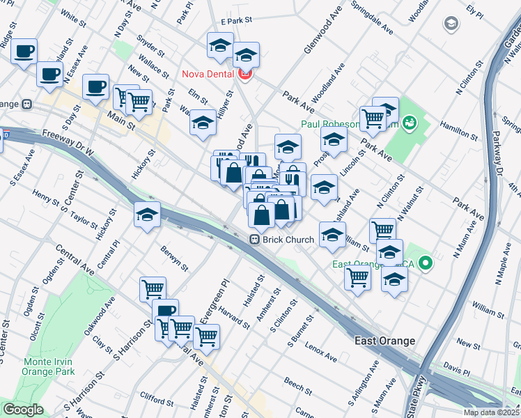 map of restaurants, bars, coffee shops, grocery stores, and more near 539 Doctor Martin Luther King Junior Boulevard in East Orange