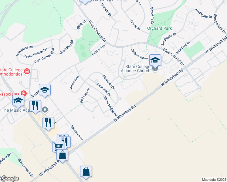 map of restaurants, bars, coffee shops, grocery stores, and more near 3104 Sheffield Drive in State College