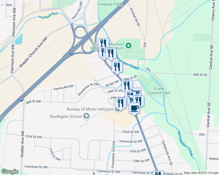 map of restaurants, bars, coffee shops, grocery stores, and more near 316 Mill Street Southwest in Canton