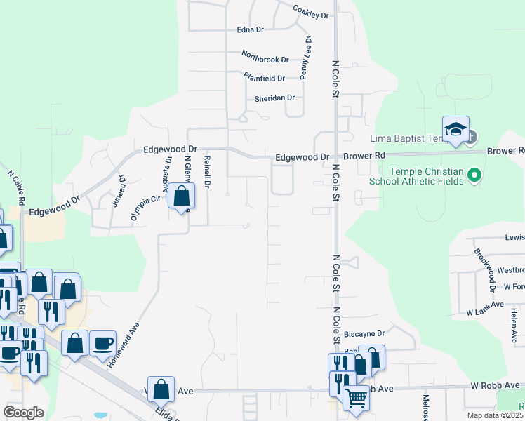 map of restaurants, bars, coffee shops, grocery stores, and more near 2062 Brookhaven Drive in Lima