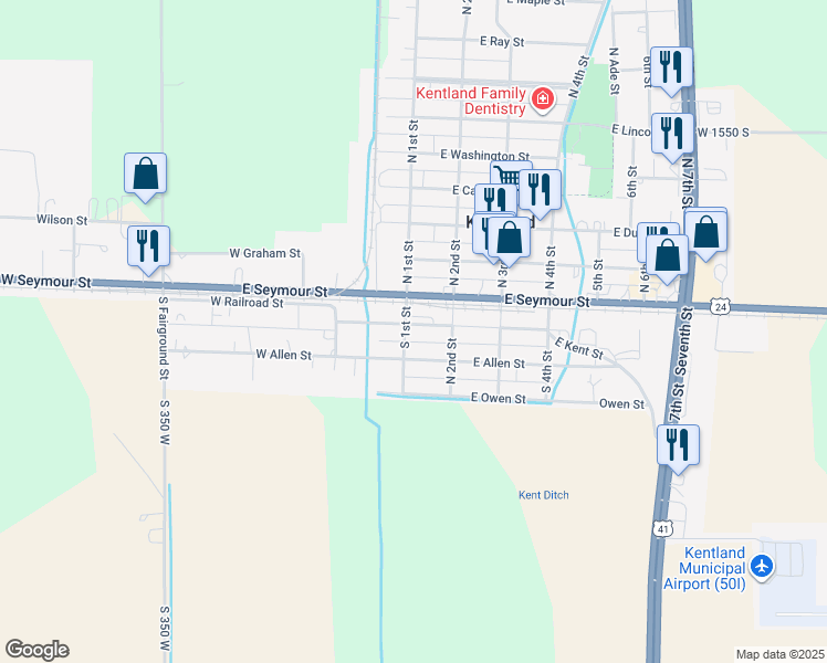 map of restaurants, bars, coffee shops, grocery stores, and more near 103 East Goss Street in Kentland