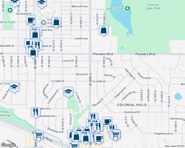 map of restaurants, bars, coffee shops, grocery stores, and more near 4541 South 57th Street in Lincoln