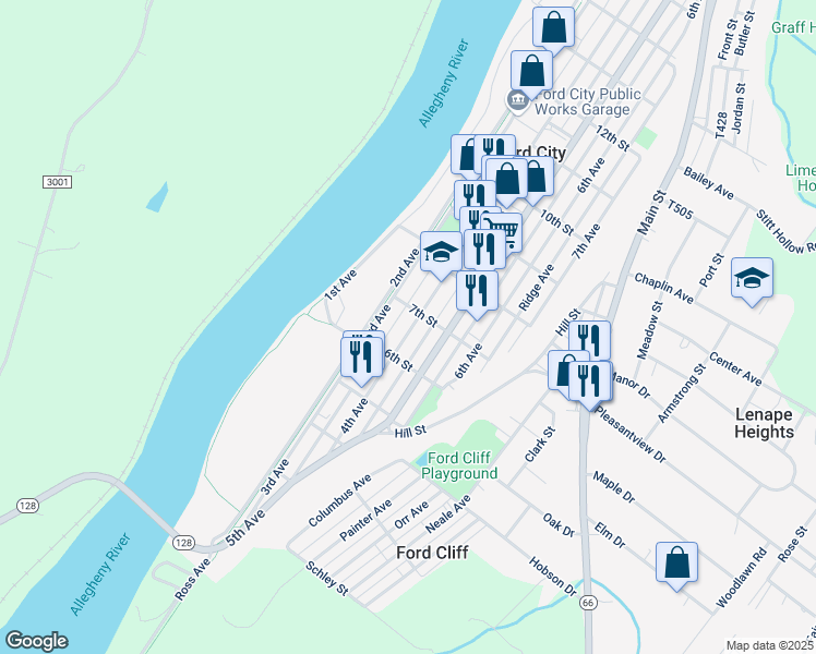 map of restaurants, bars, coffee shops, grocery stores, and more near 629 4th Avenue in Ford City