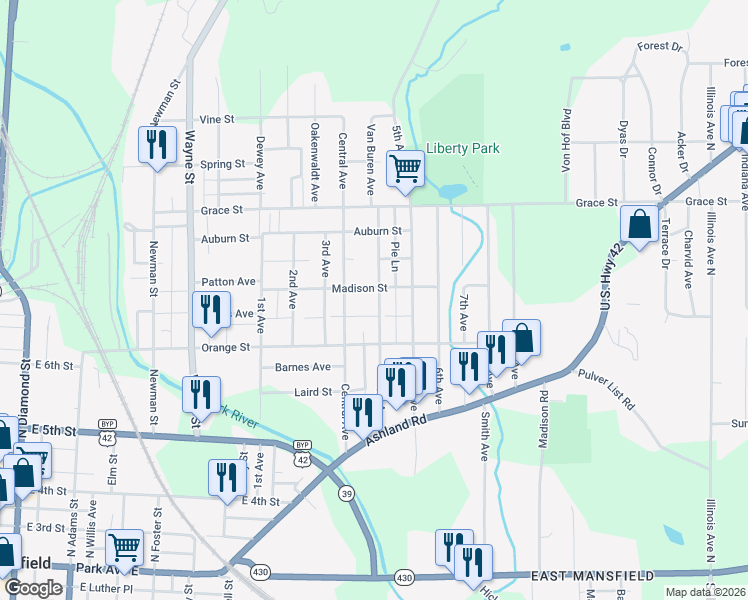 map of restaurants, bars, coffee shops, grocery stores, and more near 329 4th Avenue in Mansfield
