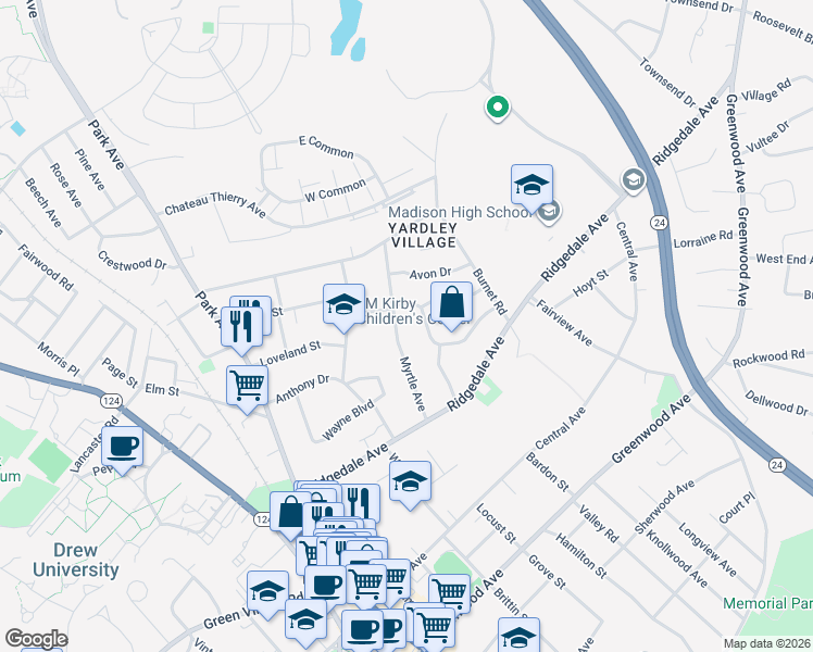 map of restaurants, bars, coffee shops, grocery stores, and more near 37 Myrtle Avenue in Madison
