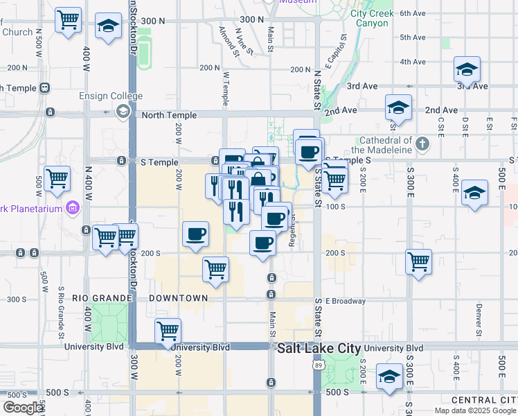 map of restaurants, bars, coffee shops, grocery stores, and more near 37 West 100 South in Salt Lake City