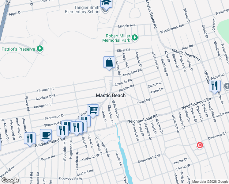 map of restaurants, bars, coffee shops, grocery stores, and more near in Mastic Beach