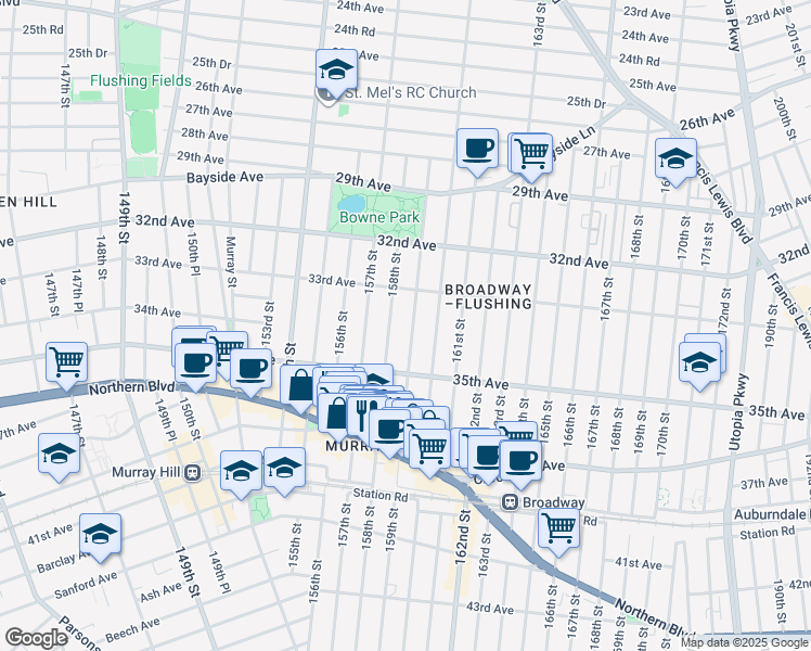 map of restaurants, bars, coffee shops, grocery stores, and more near 33-44 159th Street in Queens