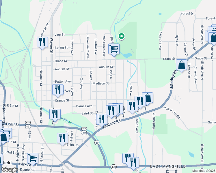 map of restaurants, bars, coffee shops, grocery stores, and more near 329 4th Avenue in Mansfield