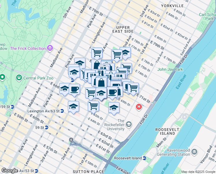 map of restaurants, bars, coffee shops, grocery stores, and more near 310 East 70th Street in New York