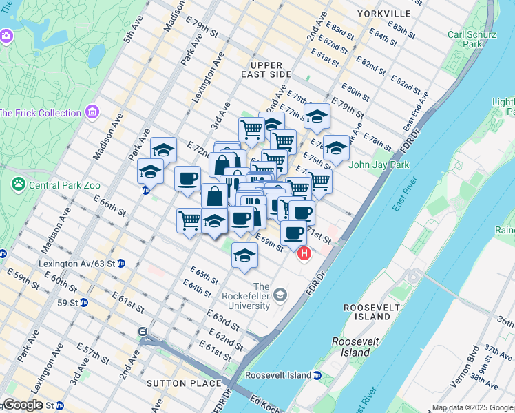 map of restaurants, bars, coffee shops, grocery stores, and more near 340 East 71st Street in New York