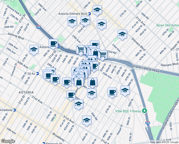 map of restaurants, bars, coffee shops, grocery stores, and more near 81 Steinway Street in Queens
