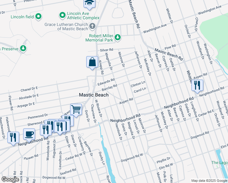 map of restaurants, bars, coffee shops, grocery stores, and more near 173 Daisy Drive in Mastic Beach