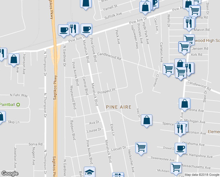 map of restaurants, bars, coffee shops, grocery stores, and more near 5 Cardinal Court North in Bay Shore