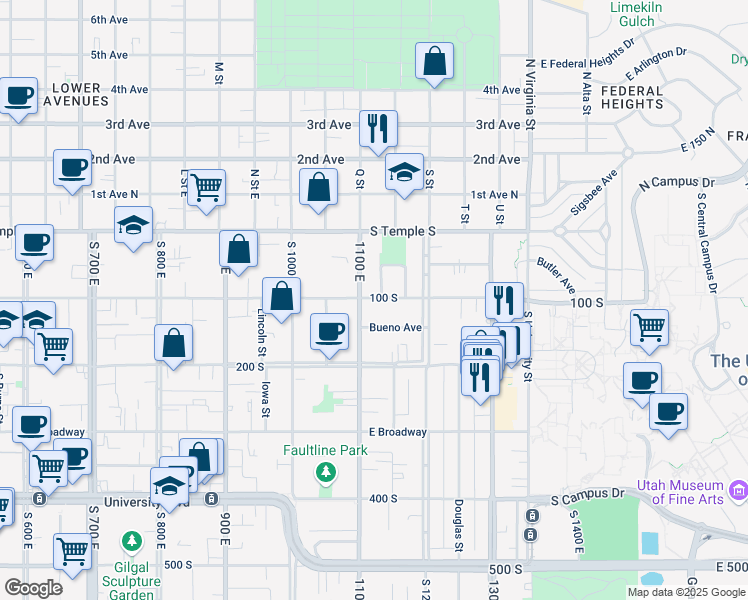 map of restaurants, bars, coffee shops, grocery stores, and more near 105 South 1100 East in Salt Lake City