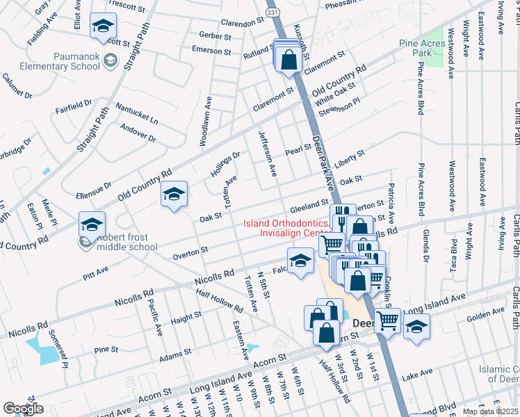 map of restaurants, bars, coffee shops, grocery stores, and more near 138 Oak Street in Deer Park